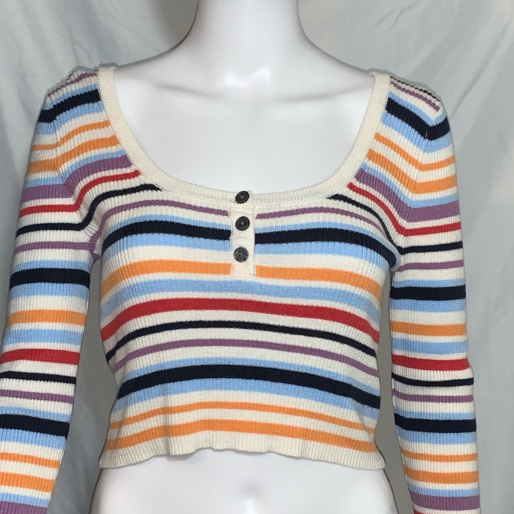 American Eagle Outfitters Spring Cropped Long Sleeve Button Boat Neck Striped